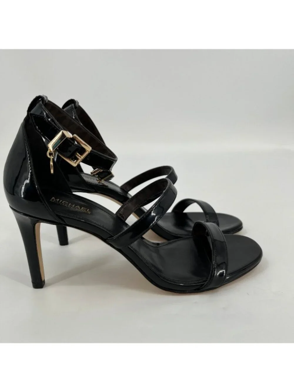 Michael Kors Koda Sandals Black Size 6.5M Faux Leather 3in Heel Ankle Strap